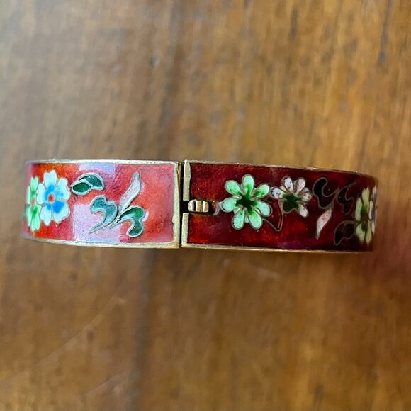 Rare Rounded Rectangular  Cloisonne Hinged Bangle with Gold-Tone Edges - Picture 2 of 9
